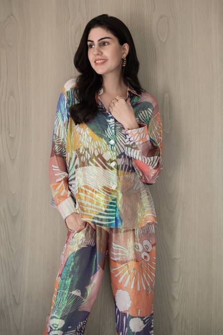 Shop_Nassh_Multi Color Lurex Collared Marina Print Shirt And Pant Set_Online_at_Aza_Fashions