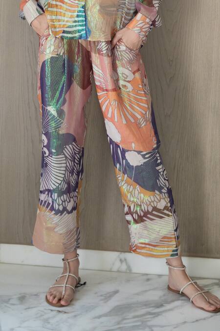Nassh_Multi Color Lurex Collared Marina Print Shirt And Pant Set_at_Aza_Fashions