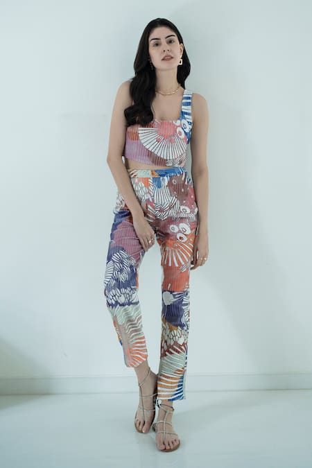 Nassh Multi Color Kota Doria Embroidery Square Neck Marina Knit Top And Pant Set Online at Aza Fashions Nassh_Multi Color Kota Doria Embroidery Square Neck Marina Knit Top And Pant Set_Online_at_Aza_Fashions