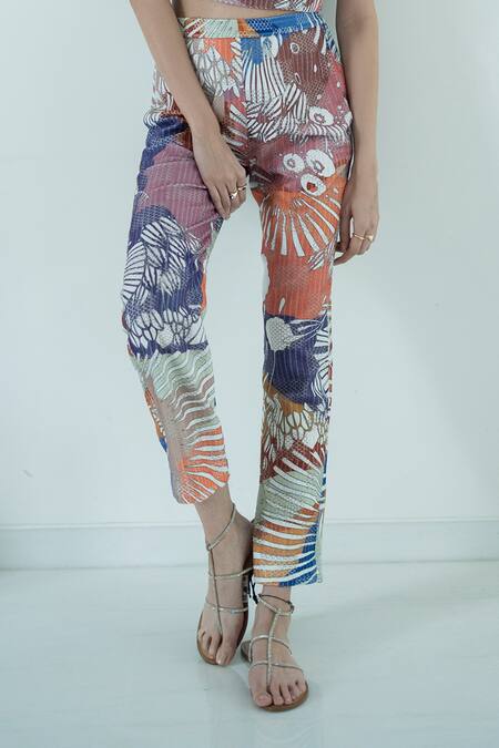 Buy Nassh Multi Color Kota Doria Embroidery Square Neck Marina Knit Top And Pant Set Online at Aza Fashions Buy_Nassh_Multi Color Kota Doria Embroidery Square Neck Marina Knit Top And Pant Set_Online_at_Aza_Fashions