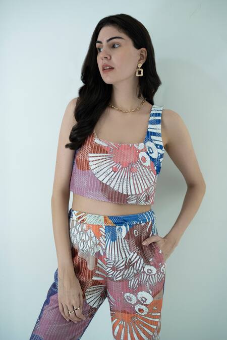 Nassh Multi Color Kota Doria Embroidery Square Neck Marina Knit Top And Pant Set at Aza Fashions Nassh_Multi Color Kota Doria Embroidery Square Neck Marina Knit Top And Pant Set_at_Aza_Fashions