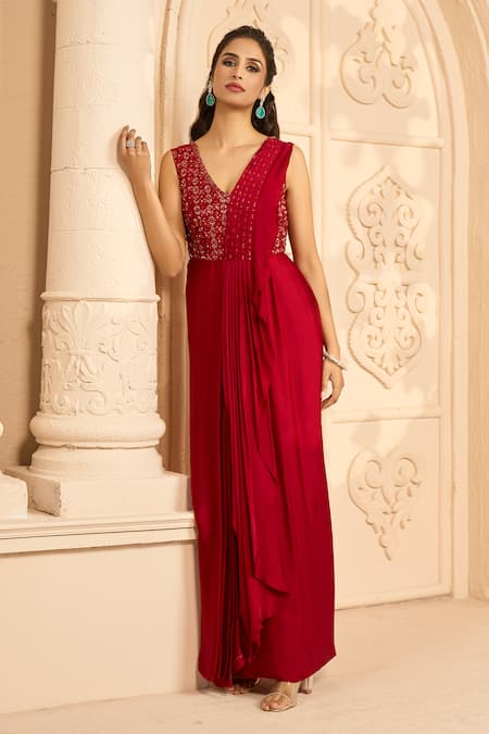 Aariyana Couture Red Embroidery Floral Geometric Hand Saree Gown Online at Aza Fashions Aariyana Couture_Red Embroidery Floral Geometric Hand Saree Gown_Online_at_Aza_Fashions