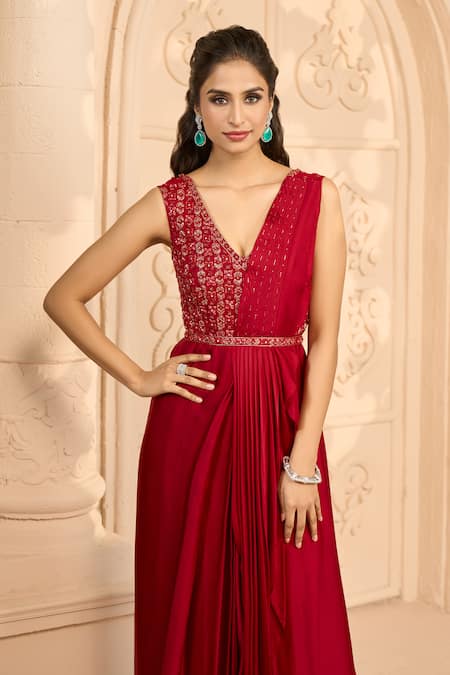 Aariyana Couture Red Embroidery Floral Geometric Hand Saree Gown at Aza Fashions Aariyana Couture_Red Embroidery Floral Geometric Hand Saree Gown_at_Aza_Fashions