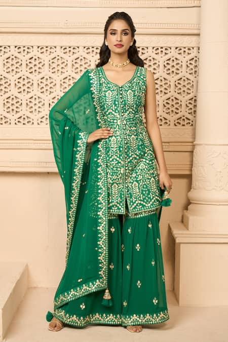 Aariyana Couture Emerald Green Kurta Dupion Hand Embroidered Floral Patterns Leaf Sharara Set 