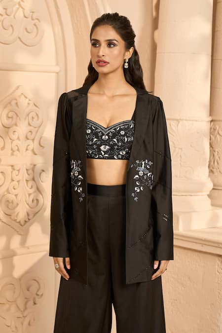 Buy_Aariyana Couture_Black Crepe, Satin, Organza, Lycra Embroidery Floral Hand Jacket And Pant Set
