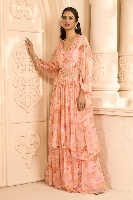 Shop_Aariyana Couture_Peach Chiffon, Modal Embroidery V-neck, Floral Print Kaftan Kurta And Skirt Set_Online_at_Aza_Fashions