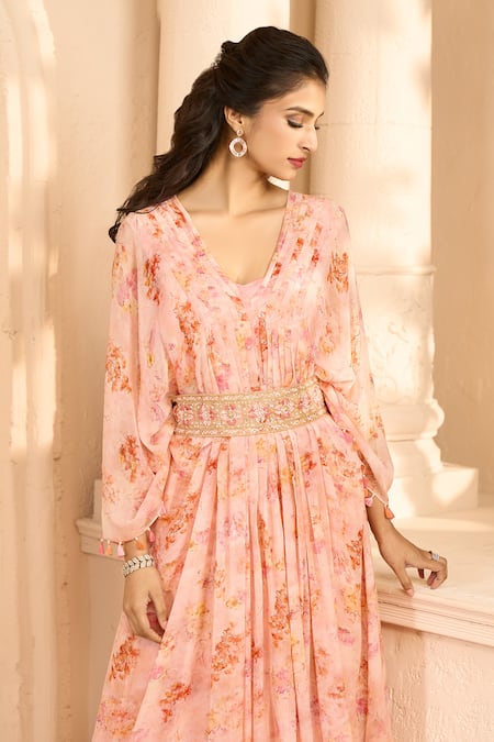 Aariyana Couture_Peach Chiffon, Modal Embroidery V-neck, Floral Print Kaftan Kurta And Skirt Set_at_Aza_Fashions