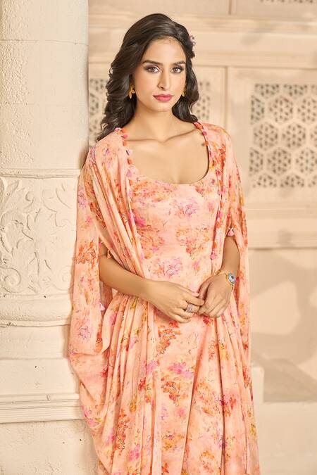 Shop Aariyana Couture Peach Georgette Beads Scoop Neck Floral Print Draped Dress And Cape Set Online at Aza Fashions Shop_Aariyana Couture_Peach Georgette Beads Scoop Neck Floral Print Draped Dress And Cape Set_Online_at_Aza_Fashions
