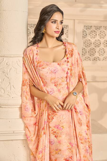 Aariyana Couture Peach Georgette Beads Scoop Neck Floral Print Draped Dress And Cape Set at Aza Fashions Aariyana Couture_Peach Georgette Beads Scoop Neck Floral Print Draped Dress And Cape Set_at_Aza_Fashions
