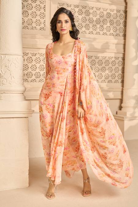 Buy Aariyana Couture Peach Georgette Beads Scoop Neck Floral Print Draped Dress And Cape Set Buy_Aariyana Couture_Peach Georgette Beads Scoop Neck Floral Print Draped Dress And Cape Set