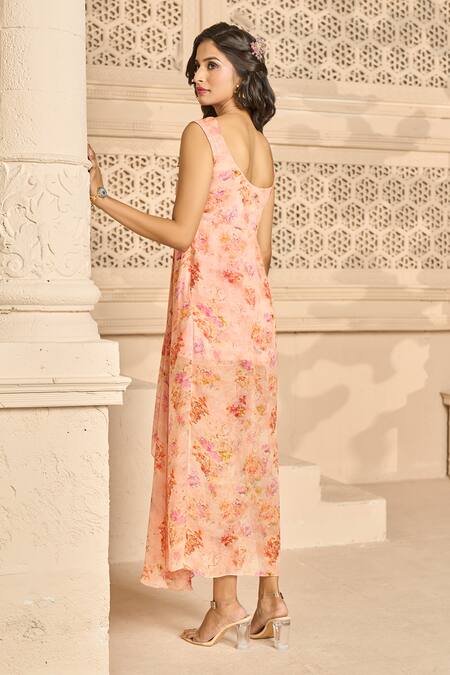 Shop Aariyana Couture Peach Georgette Beads Scoop Neck Floral Print Draped Dress And Cape Set Shop_Aariyana Couture_Peach Georgette Beads Scoop Neck Floral Print Draped Dress And Cape Set
