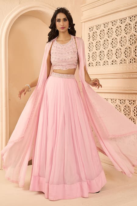 Aariyana Couture Pink Skirt And Cape Organza Hand Embroidered Floral Patterns Pleated Set With 