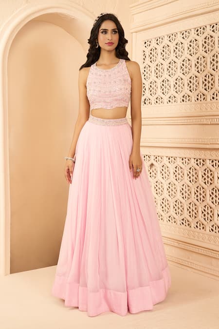 Aariyana Couture Pink Net, Organza Embroidery Round Neck Pleated Skirt Set With Cape Online at Aza Fashions Aariyana Couture_Pink Net, Organza Embroidery Round Neck Pleated Skirt Set With Cape_Online_at_Aza_Fashions