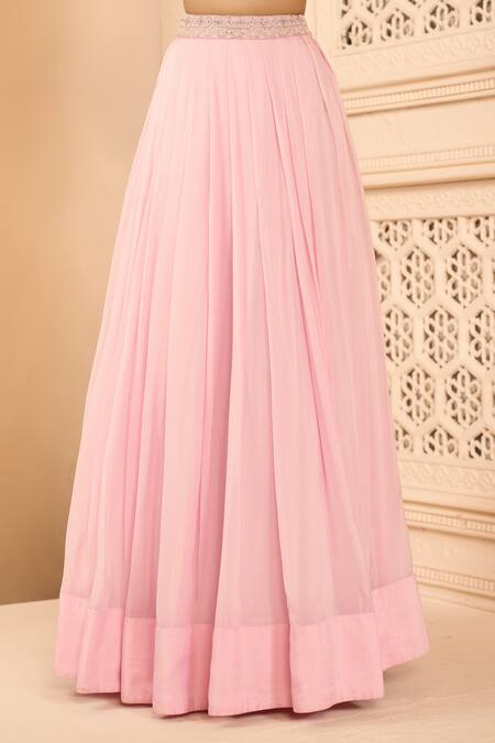 Shop Aariyana Couture Pink Net, Organza Embroidery Round Neck Pleated Skirt Set With Cape Shop_Aariyana Couture_Pink Net, Organza Embroidery Round Neck Pleated Skirt Set With Cape