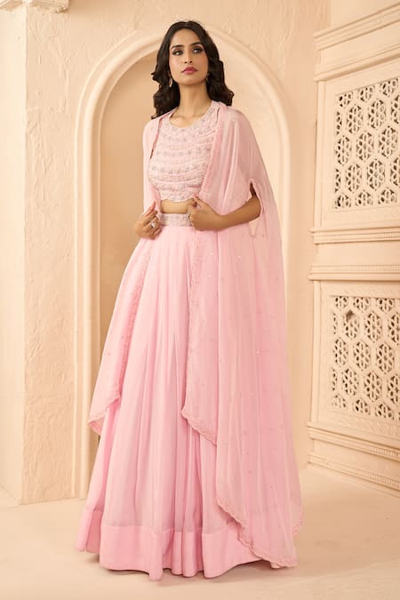 Shop Aariyana Couture Pink Net, Organza Embroidery Round Neck Pleated Skirt Set With Cape Online at Aza Fashions Shop_Aariyana Couture_Pink Net, Organza Embroidery Round Neck Pleated Skirt Set With Cape_Online_at_Aza_Fashions