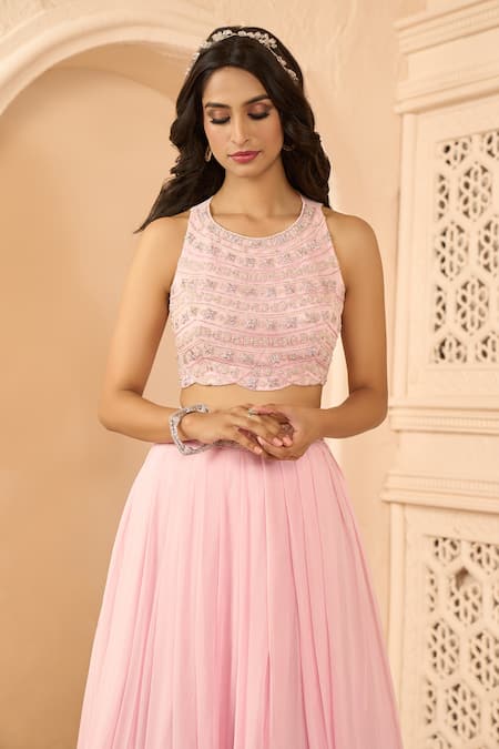 Buy Aariyana Couture Pink Net, Organza Embroidery Round Neck Pleated Skirt Set With Cape Buy_Aariyana Couture_Pink Net, Organza Embroidery Round Neck Pleated Skirt Set With Cape