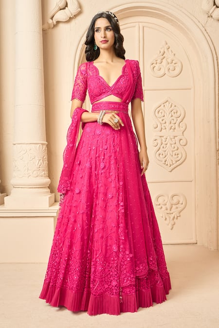 Aariyana Couture Pink Butterfly Net Embroidered Floral Patterns Scalloped V Bridal Lehenga Set 