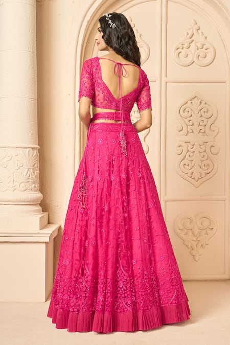 Shop Aariyana Couture Pink Net Tassels, Embroidery Scoop Neck Floral Bridal Lehenga Set at Aza Fashions Shop_Aariyana Couture_Pink Net Tassels, Embroidery Scoop Neck Floral Bridal Lehenga Set_at_Aza_Fashions