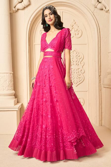 Shop Aariyana Couture Pink Net Tassels, Embroidery Scoop Neck Floral Bridal Lehenga Set Online at Aza Fashions Shop_Aariyana Couture_Pink Net Tassels, Embroidery Scoop Neck Floral Bridal Lehenga Set_Online_at_Aza_Fashions