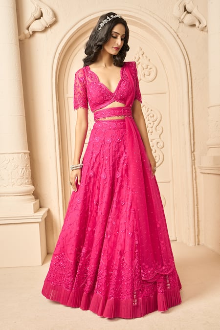 Aariyana Couture Pink Net Tassels, Embroidery Scoop Neck Floral Bridal Lehenga Set at Aza Fashions Aariyana Couture_Pink Net Tassels, Embroidery Scoop Neck Floral Bridal Lehenga Set_at_Aza_Fashions