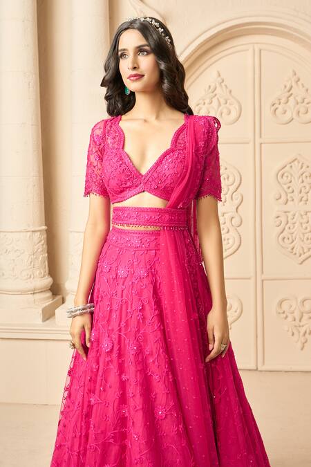 Buy Aariyana Couture Pink Net Tassels, Embroidery Scoop Neck Floral Bridal Lehenga Set Buy_Aariyana Couture_Pink Net Tassels, Embroidery Scoop Neck Floral Bridal Lehenga Set