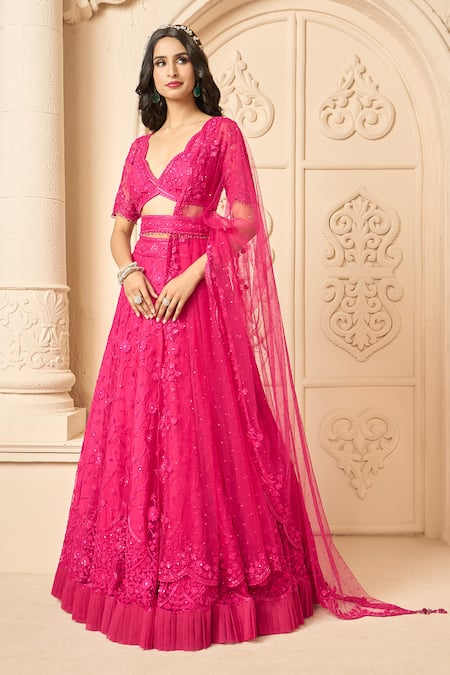 Shop Aariyana Couture Pink Net Tassels, Embroidery Scoop Neck Floral Bridal Lehenga Set Shop_Aariyana Couture_Pink Net Tassels, Embroidery Scoop Neck Floral Bridal Lehenga Set