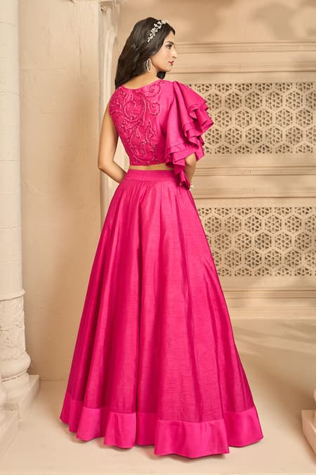 Ariyana By Aza_Pink Silk Sequins, Cut Work Round Neck Embroidered Blouse With Layered Skirt _Online_at_Aza_Fashions