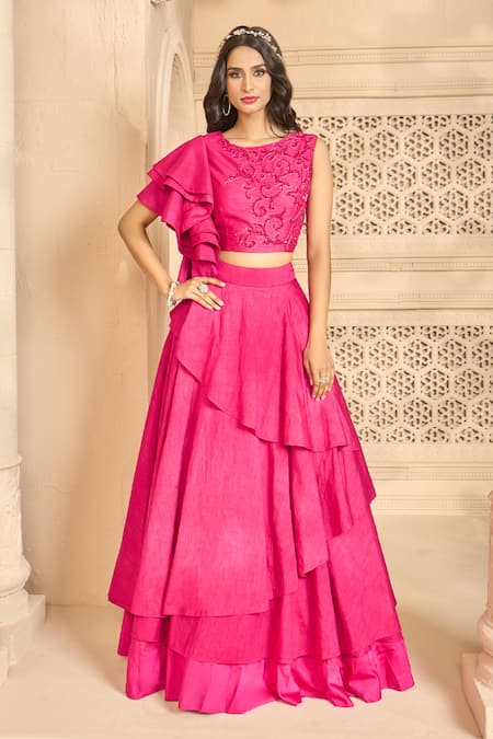 Buy_Ariyana By Aza_Pink Silk Sequins, Cut Work Round Neck Embroidered Blouse With Layered Skirt _Online_at_Aza_Fashions