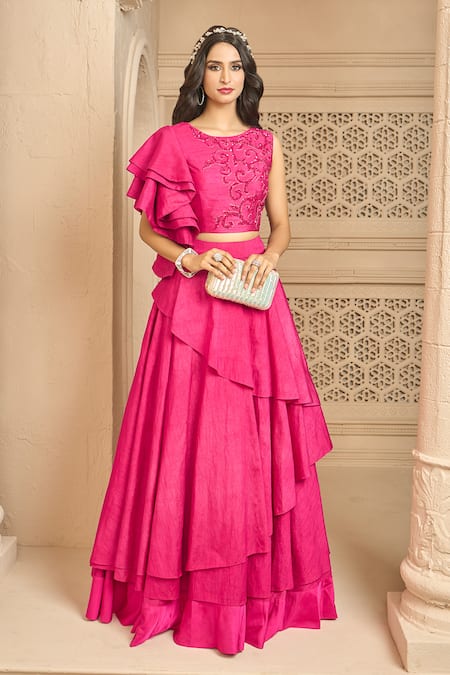 Shop_Ariyana By Aza_Pink Silk Sequins, Cut Work Round Neck Embroidered Blouse With Layered Skirt _Online_at_Aza_Fashions