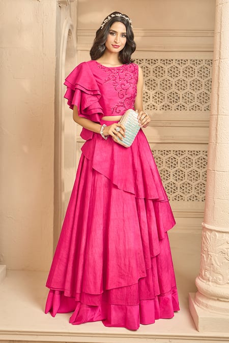 Ariyana By Aza_Pink Silk Sequins, Cut Work Round Neck Embroidered Blouse With Layered Skirt _at_Aza_Fashions