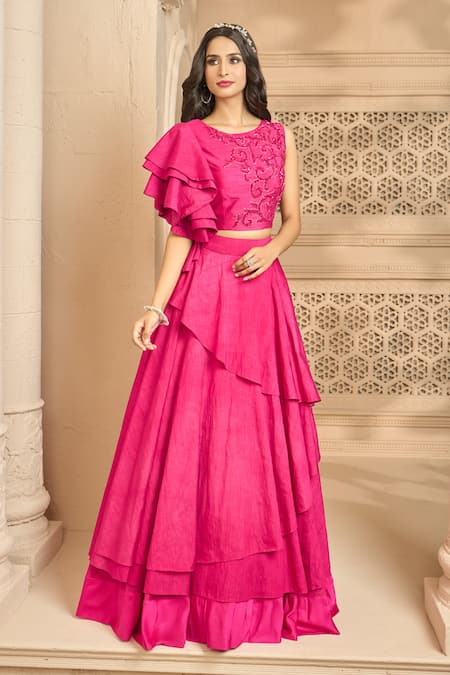 Buy_Ariyana By Aza_Pink Silk Sequins, Cut Work Round Neck Embroidered Blouse With Layered Skirt 