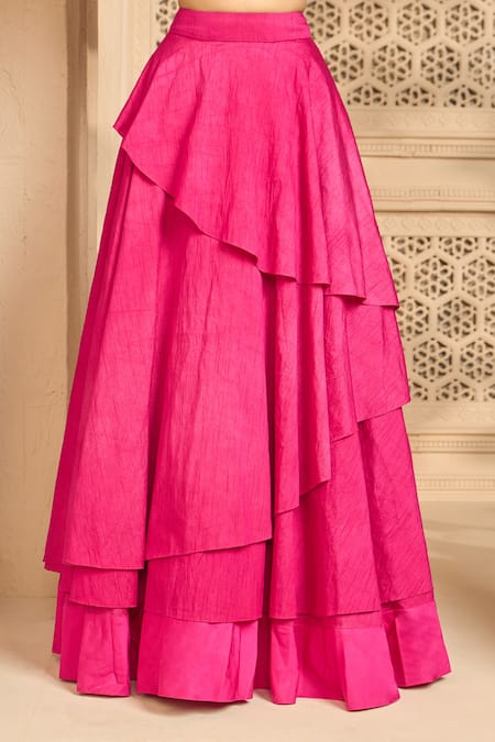 Shop_Ariyana By Aza_Pink Silk Sequins, Cut Work Round Neck Embroidered Blouse With Layered Skirt 