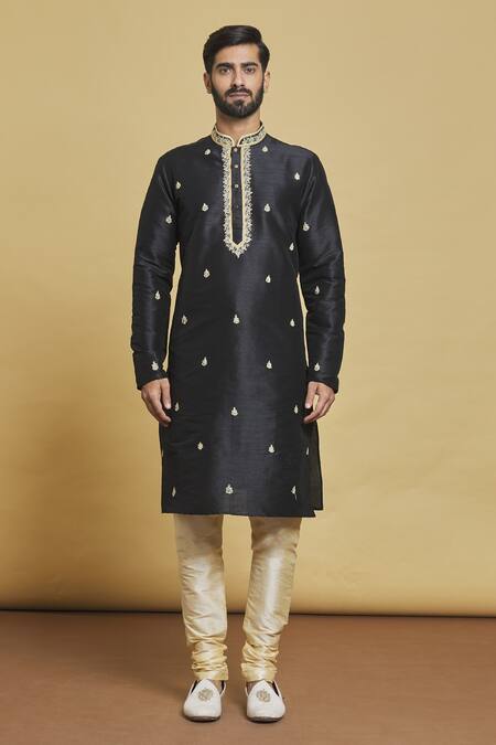 Arihant Rai Sinha_Black Silk Embroidery Leaf Kurta Set_Online_at_Aza_Fashions