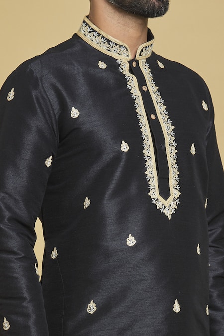 Shop_Arihant Rai Sinha_Black Silk Embroidery Leaf Kurta Set_Online_at_Aza_Fashions