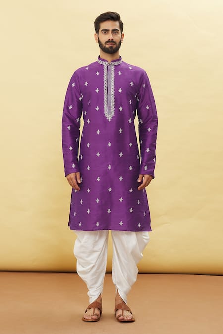 Arihant Rai Sinha_Purple Silk, Cotton Embroidery Floral Kurta And Dhoti Pant Set _Online_at_Aza_Fashions