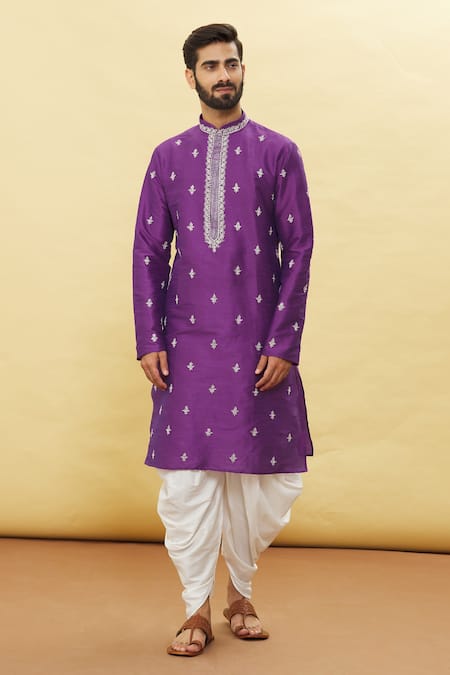 Buy_Arihant Rai Sinha_Purple Silk, Cotton Embroidery Floral Kurta And Dhoti Pant Set _Online_at_Aza_Fashions