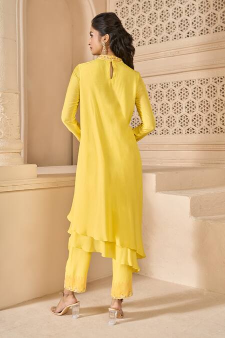Shop Aariyana Couture Yellow Cotton, Silk Embroidery Bandeau Neck Double Layered Kurta And Pant Set at Aza Fashions Shop_Aariyana Couture_Yellow Cotton, Silk Embroidery Bandeau Neck Double Layered Kurta And Pant Set_at_Aza_Fashions