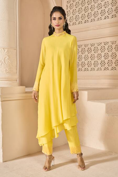 Aariyana Couture Yellow Cotton, Silk Embroidery Bandeau Neck Double Layered Kurta And Pant Set Online at Aza Fashions Aariyana Couture_Yellow Cotton, Silk Embroidery Bandeau Neck Double Layered Kurta And Pant Set_Online_at_Aza_Fashions