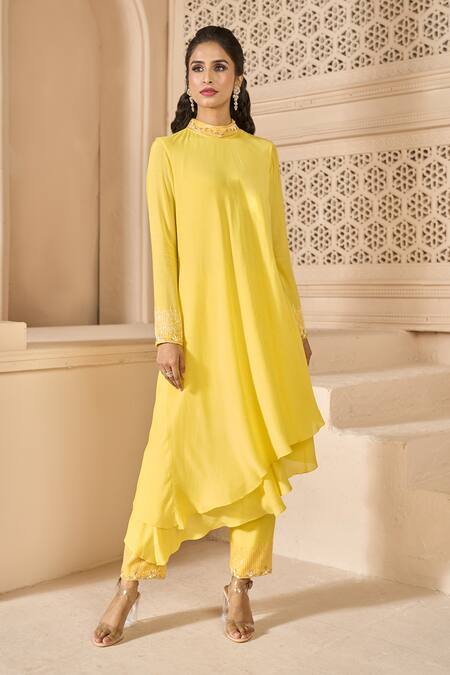 Buy Aariyana Couture Yellow Cotton, Silk Embroidery Bandeau Neck Double Layered Kurta And Pant Set Online at Aza Fashions Buy_Aariyana Couture_Yellow Cotton, Silk Embroidery Bandeau Neck Double Layered Kurta And Pant Set_Online_at_Aza_Fashions