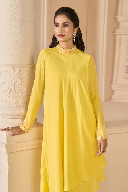 Shop Aariyana Couture Yellow Cotton, Silk Embroidery Bandeau Neck Double Layered Kurta And Pant Set Online at Aza Fashions Shop_Aariyana Couture_Yellow Cotton, Silk Embroidery Bandeau Neck Double Layered Kurta And Pant Set_Online_at_Aza_Fashions