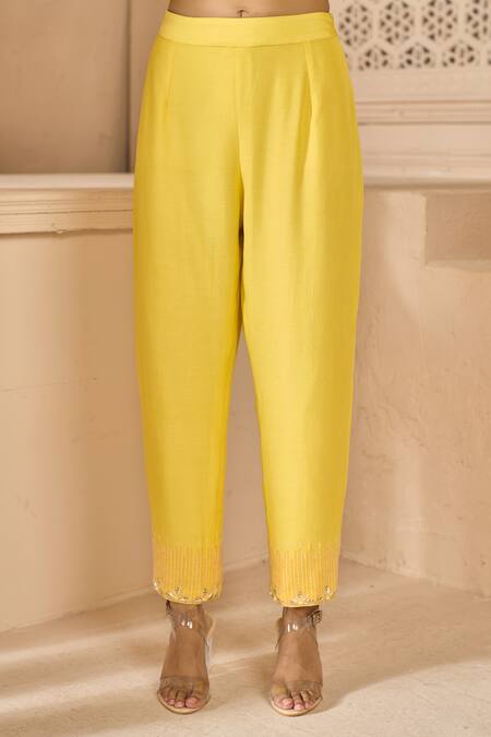 Buy Aariyana Couture Yellow Cotton, Silk Embroidery Bandeau Neck Double Layered Kurta And Pant Set Buy_Aariyana Couture_Yellow Cotton, Silk Embroidery Bandeau Neck Double Layered Kurta And Pant Set