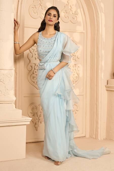 Shop_Aariyana Couture_Blue Organza, Net Embroidery Round Neck Pre-stitched Ruffle Saree With Blouse_Online_at_Aza_Fashions