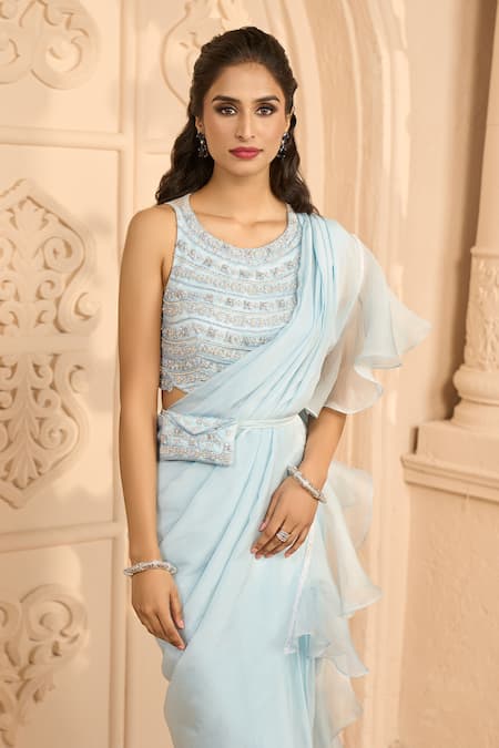 Buy Blue Hand Embroidered Pre Stiched Saree with Blouse and Belt by SANA  BARREJA at Ogaan Online Shopping Site