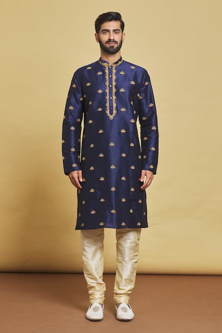 Arihant Rai Sinha_Blue Silk Embroidery Lotus Kurta Set _Online_at_Aza_Fashions
