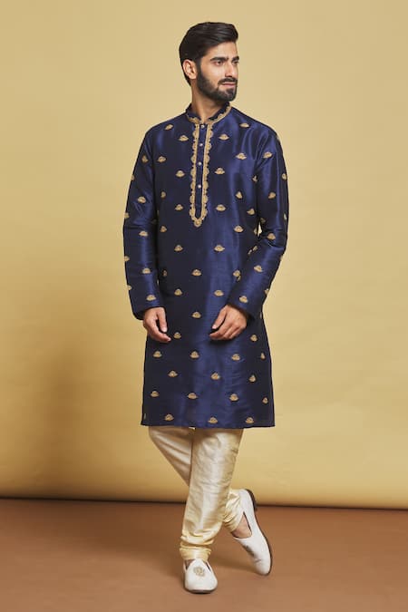 Buy_Arihant Rai Sinha_Blue Silk Embroidery Lotus Kurta Set _Online_at_Aza_Fashions