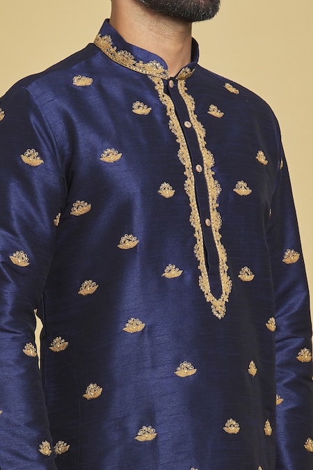 Shop_Arihant Rai Sinha_Blue Silk Embroidery Lotus Kurta Set _Online_at_Aza_Fashions