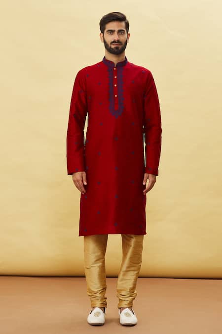 Arihant Rai Sinha_Maroon Silk Embroidery Floret Kurta And Churidar Set _Online_at_Aza_Fashions