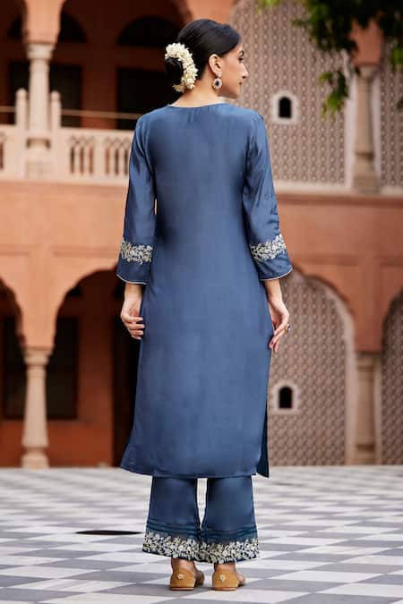 Shop Seher Jaipur Blue Muslin, Organza, Silk Embroidery V-neck Tara A-line Kurta Pant Set at Aza Fashions Shop_Seher Jaipur_Blue Muslin, Organza, Silk Embroidery V-neck Tara A-line Kurta Pant Set _at_Aza_Fashions