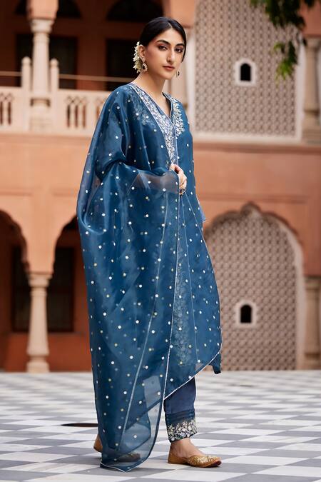 Seher Jaipur Blue Muslin, Organza, Silk Embroidery V-neck Tara A-line Kurta Pant Set Online at Aza Fashions Seher Jaipur_Blue Muslin, Organza, Silk Embroidery V-neck Tara A-line Kurta Pant Set _Online_at_Aza_Fashions