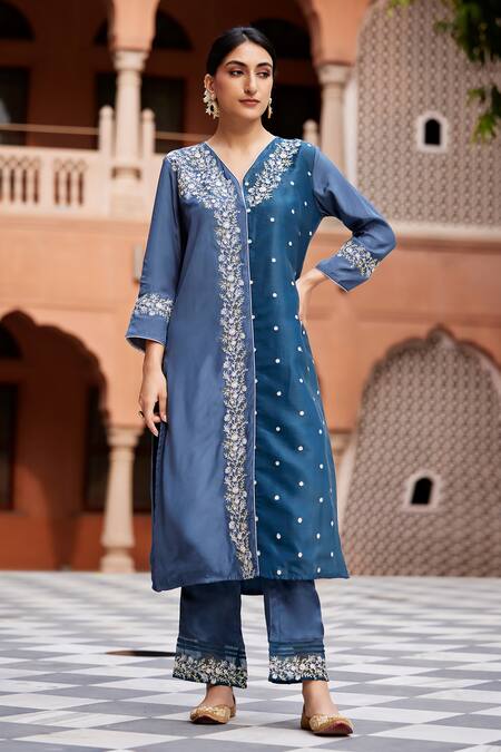 Buy Seher Jaipur Blue Muslin, Organza, Silk Embroidery V-neck Tara A-line Kurta Pant Set Online at Aza Fashions Buy_Seher Jaipur_Blue Muslin, Organza, Silk Embroidery V-neck Tara A-line Kurta Pant Set _Online_at_Aza_Fashions